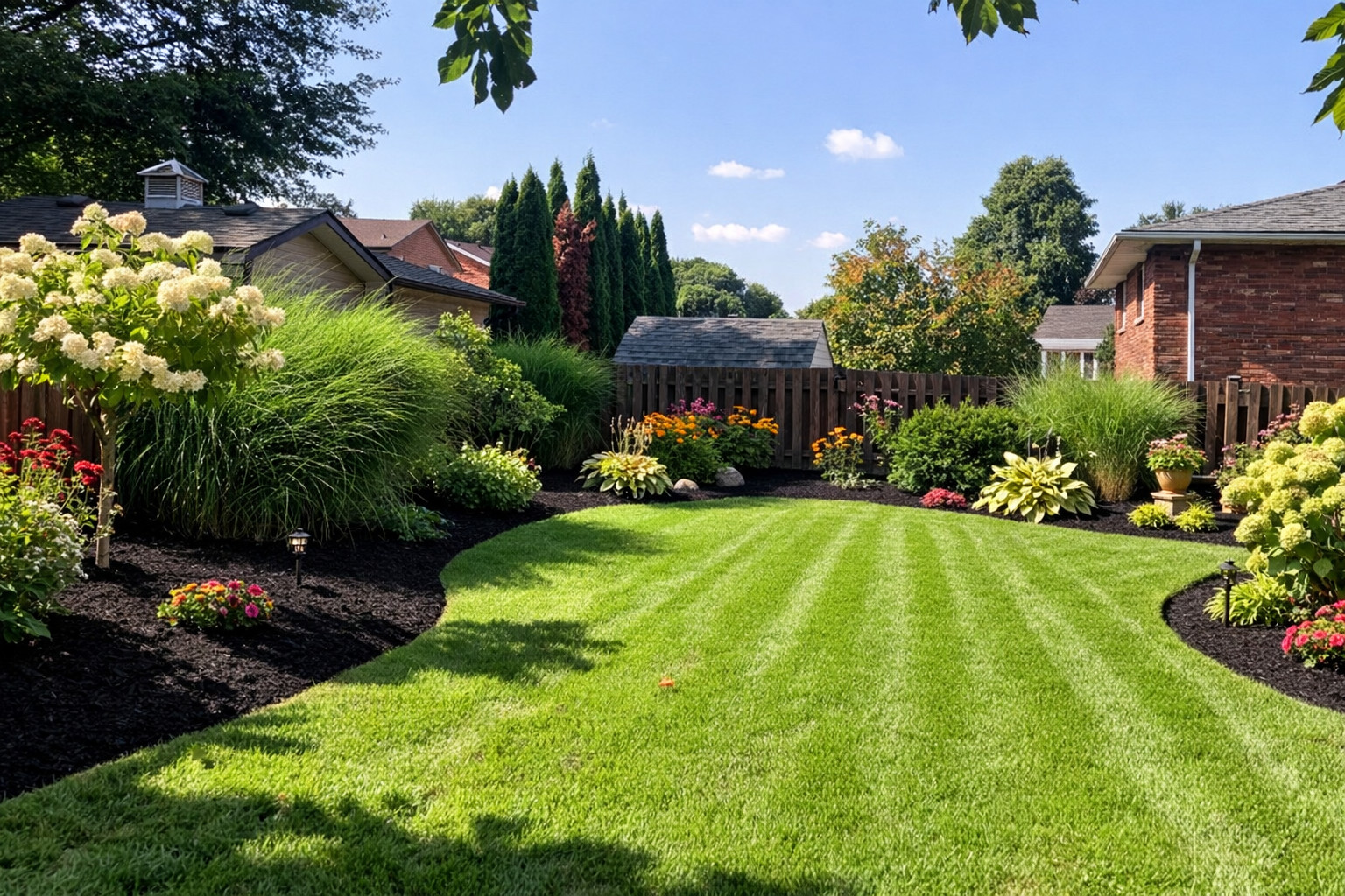 Freshly cut residential lawn and garden bed maintenance in Niagara Falls
